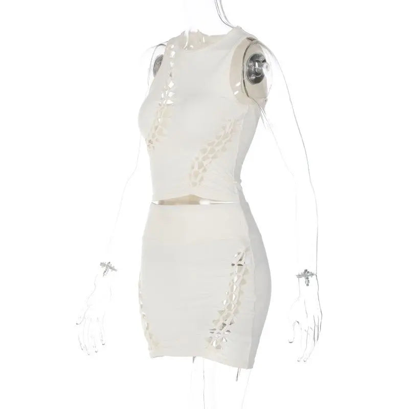 Solid Color Hollow Round Neck Sleeveless Top Slim Skirt Set - Blade & Thread
