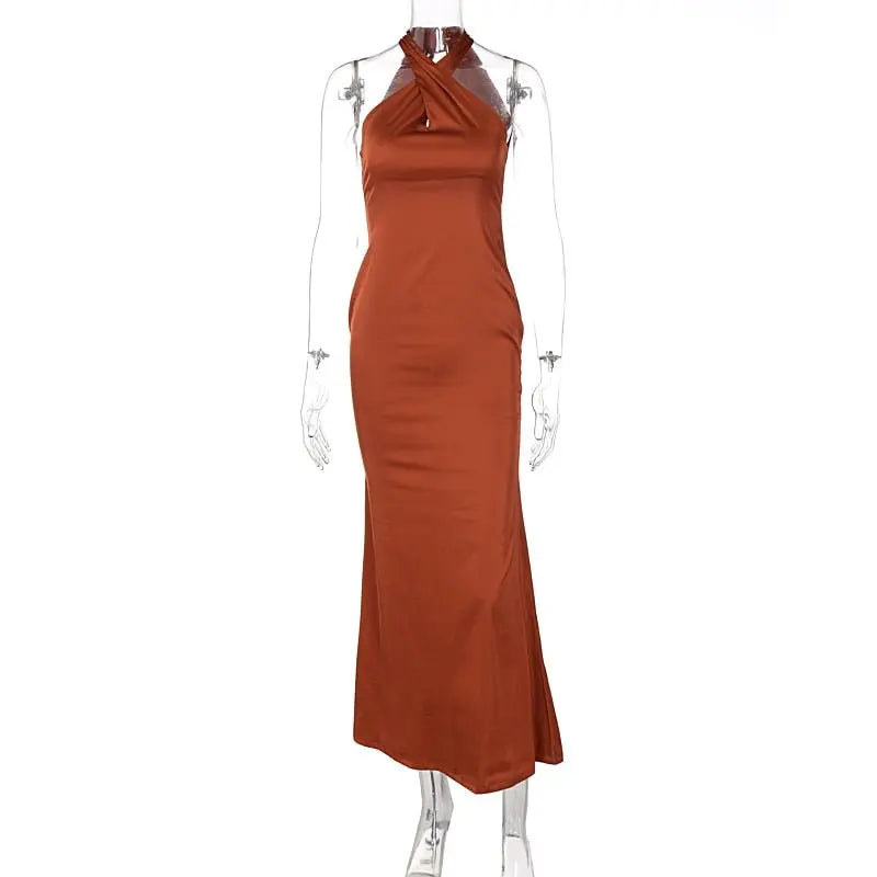 Solid Satin Halter Sleeveless Slim Bodycon Maxi Dress - Blade & Thread