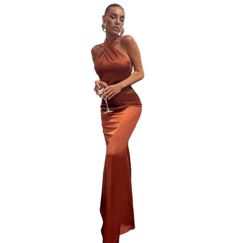 Solid Satin Halter Sleeveless Slim Bodycon Maxi Dress - Blade & Thread