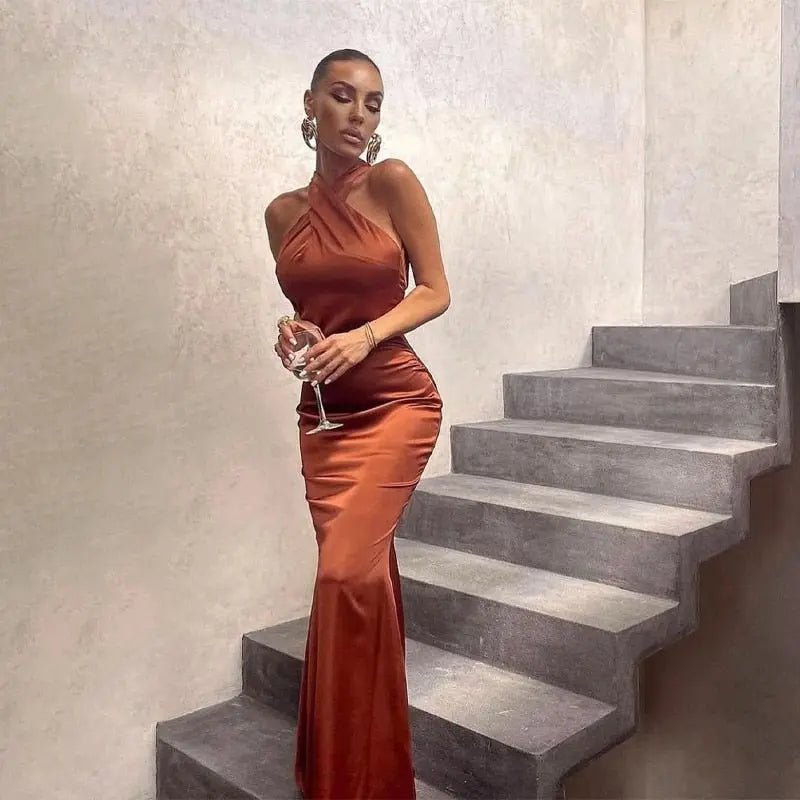 Solid Satin Halter Sleeveless Slim Bodycon Maxi Dress - Blade & Thread