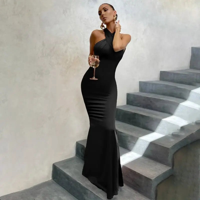 Solid Satin Halter Sleeveless Slim Bodycon Maxi Dress - Blade & Thread