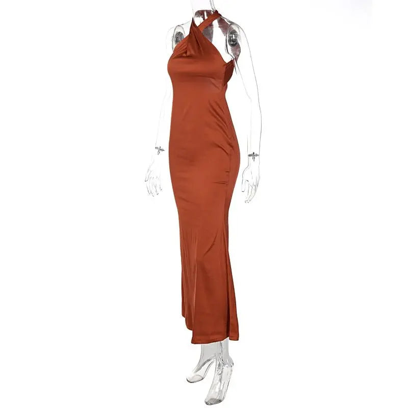 Solid Satin Halter Sleeveless Slim Bodycon Maxi Dress - Blade & Thread