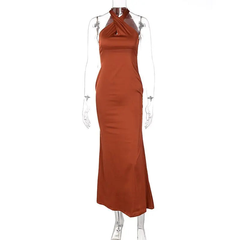 Solid Satin Halter Sleeveless Slim Bodycon Maxi Dress - Blade & Thread