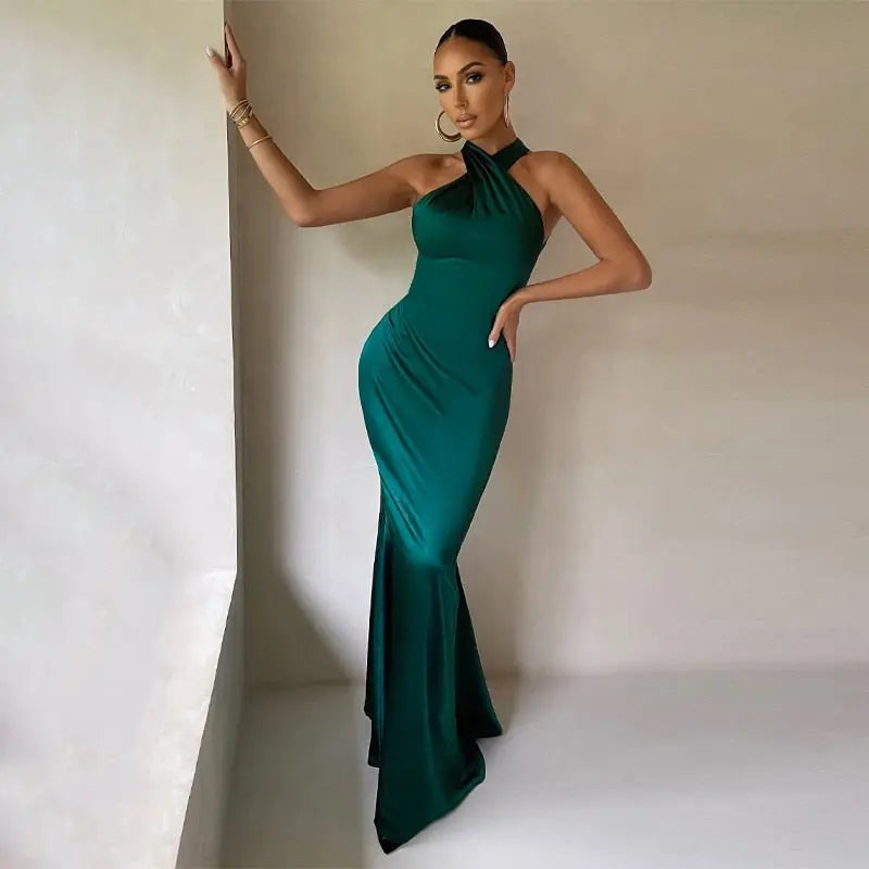 Solid Satin Halter Sleeveless Slim Bodycon Maxi Dress - Blade & Thread