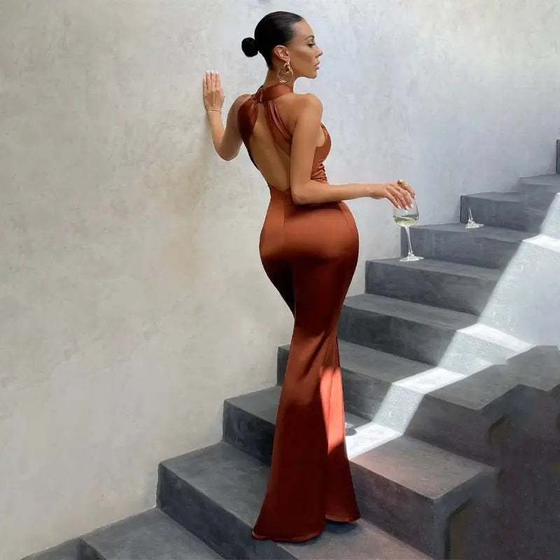 Solid Satin Halter Sleeveless Slim Bodycon Maxi Dress - Blade & Thread