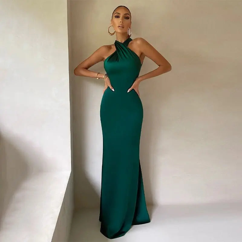 Solid Satin Halter Sleeveless Slim Bodycon Maxi Dress - Blade & Thread
