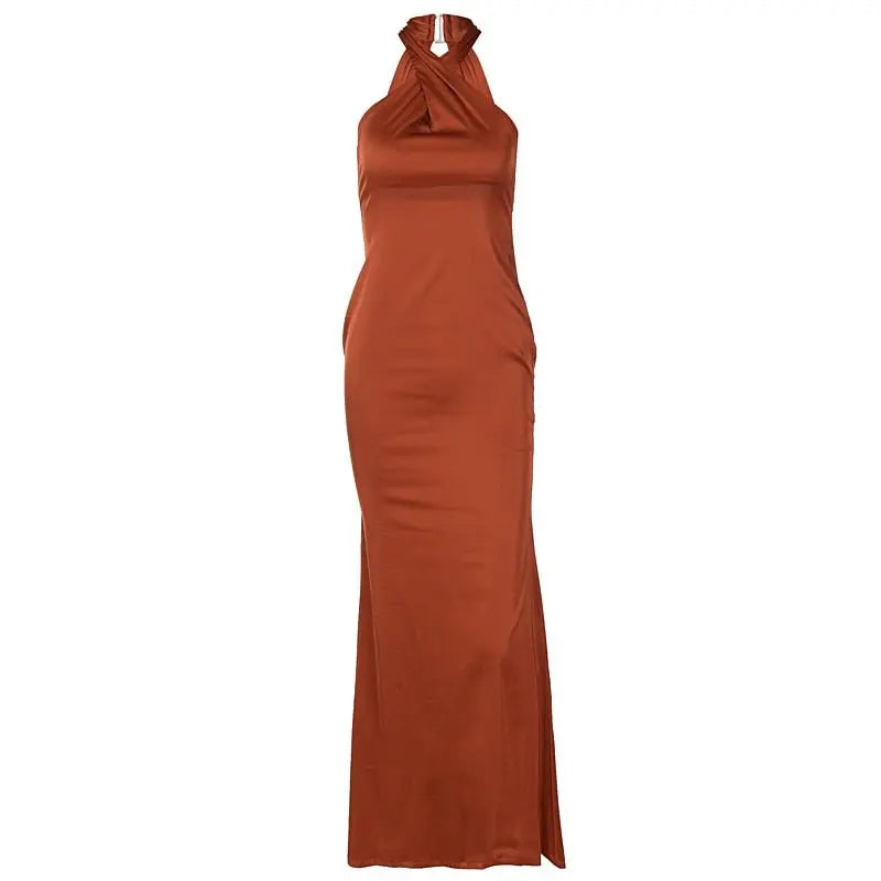 Solid Satin Halter Sleeveless Slim Bodycon Maxi Dress - Blade & Thread