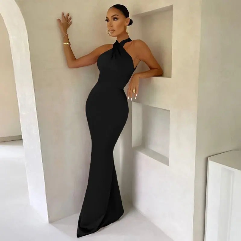 Solid Satin Halter Sleeveless Slim Bodycon Maxi Dress - Blade & Thread
