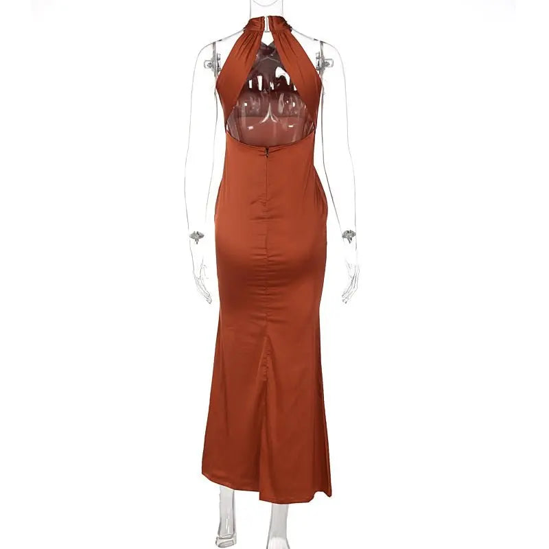 Solid Satin Halter Sleeveless Slim Bodycon Maxi Dress - Blade & Thread