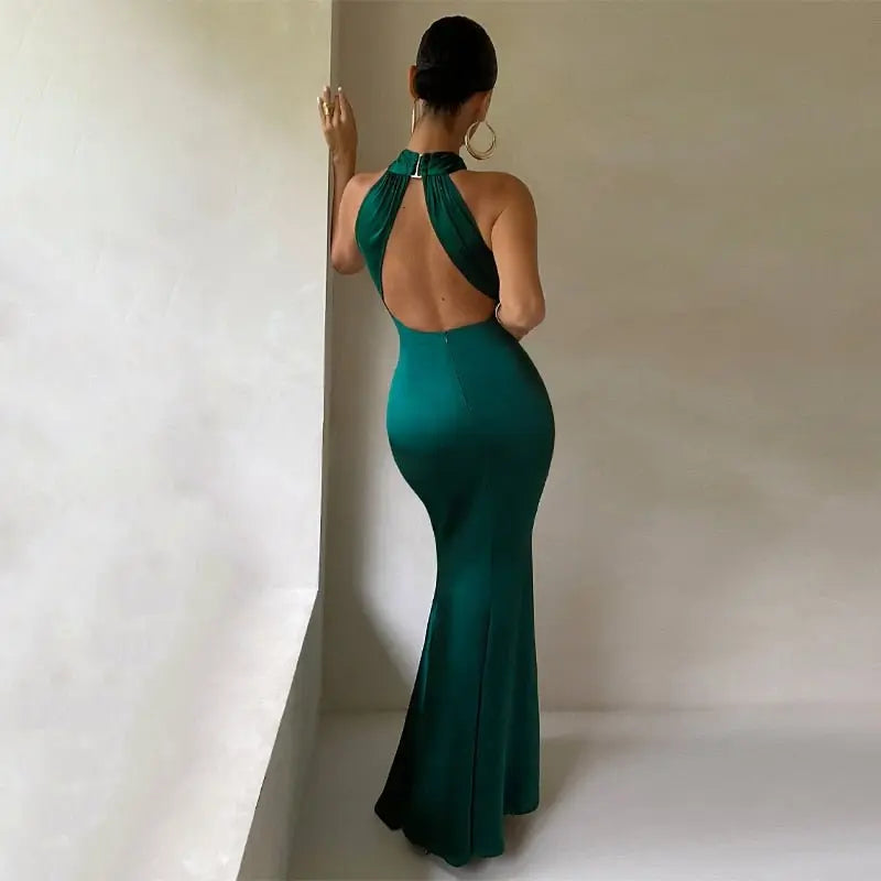 Solid Satin Halter Sleeveless Slim Bodycon Maxi Dress - Blade & Thread