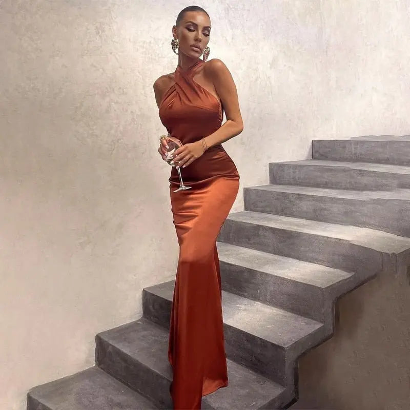Solid Satin Halter Sleeveless Slim Bodycon Maxi Dress - Blade & Thread