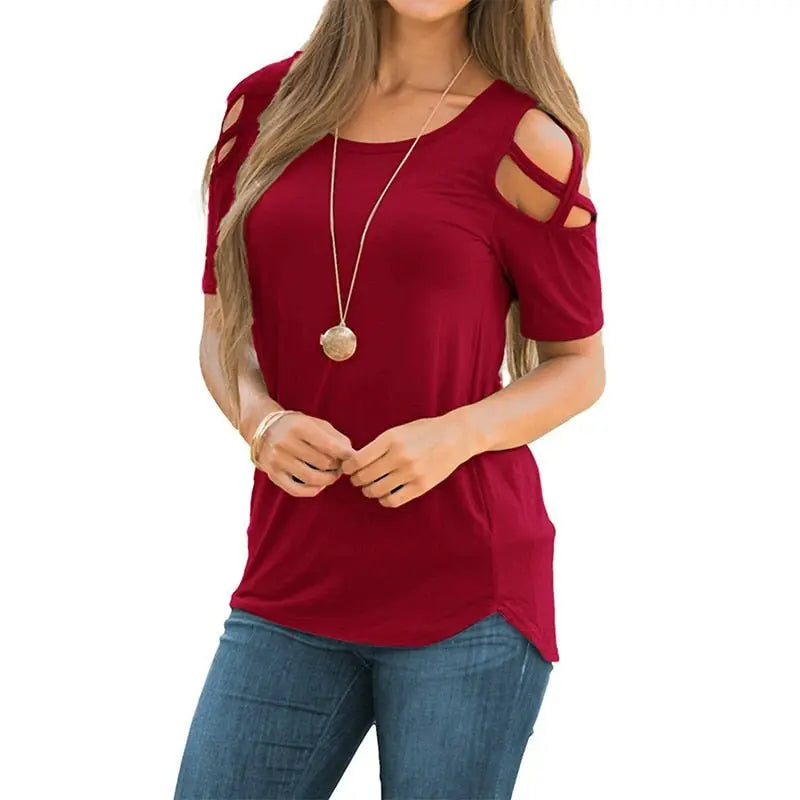 Solid Short Sleeve T-shirts Women Casual Off the Shoulder Tees Tops Female Basic Tshirts - Blade & Thread
