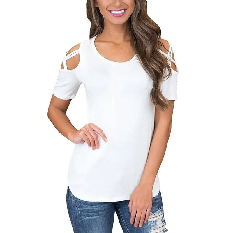 Solid Short Sleeve T-shirts Women Casual Off the Shoulder Tees Tops Female Basic Tshirts - Blade & Thread