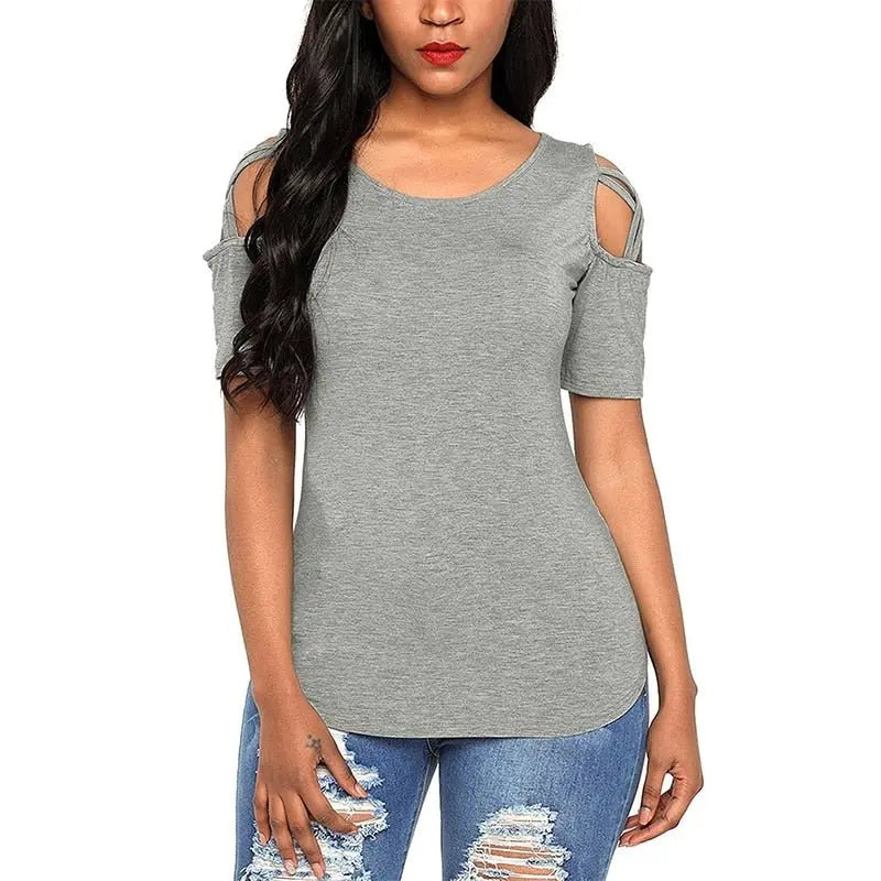Solid Short Sleeve T-shirts Women Casual Off the Shoulder Tees Tops Female Basic Tshirts - Blade & Thread