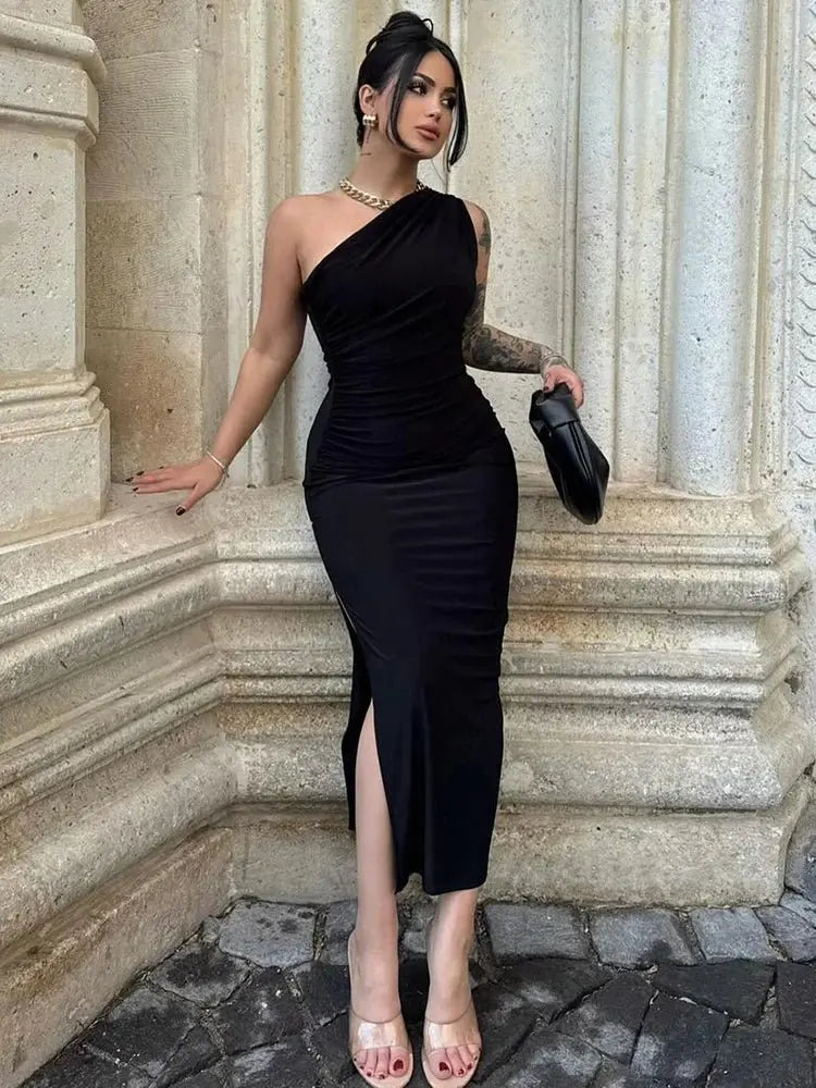 Solid Sleeveless Backless Slim Dress Female Off Shoulder Club Elegant Party Dress - Blade & Thread