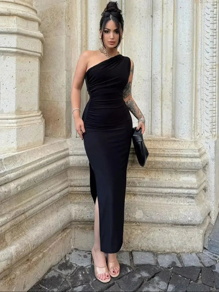 Solid Sleeveless Backless Slim Dress Female Off Shoulder Club Elegant Party Dress - Blade & Thread