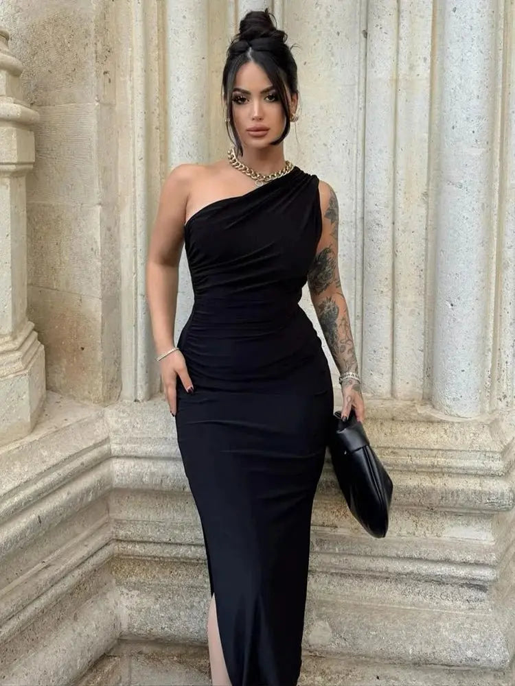 Solid Sleeveless Backless Slim Dress Female Off Shoulder Club Elegant Party Dress - Blade & Thread