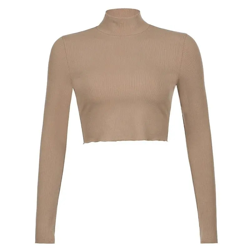 Solid Turtleneck Cropped T Shirt Women Autumn Casual Long Sleeve Ladies Skinny Basic - Blade & Thread