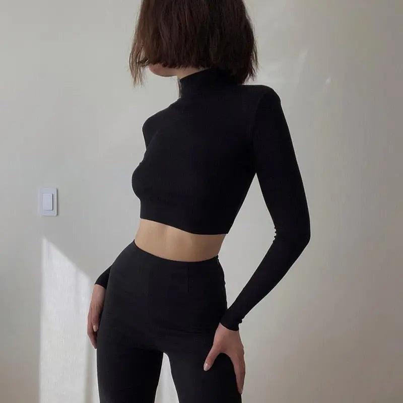 Solid Turtleneck Cropped T Shirt Women Autumn Casual Long Sleeve Ladies Skinny Basic - Blade & Thread