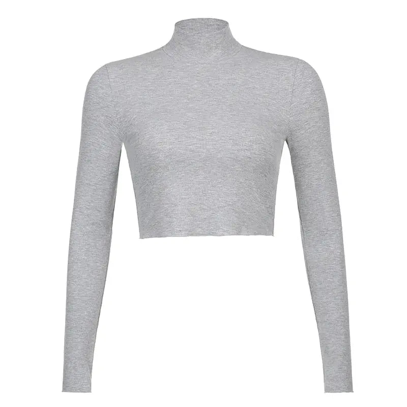 Solid Turtleneck Cropped T Shirt Women Autumn Casual Long Sleeve Ladies Skinny Basic - Blade & Thread