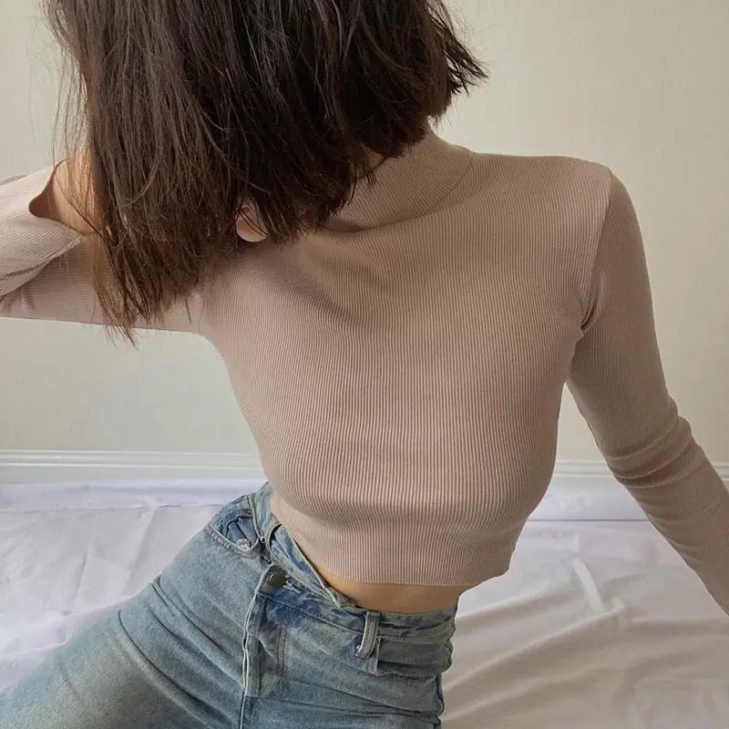 Solid Turtleneck Cropped T Shirt Women Autumn Casual Long Sleeve Ladies Skinny Basic - Blade & Thread