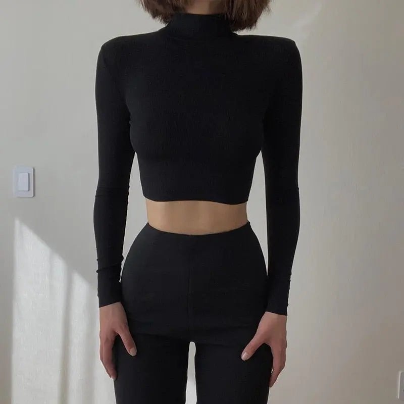 Solid Turtleneck Cropped T Shirt Women Autumn Casual Long Sleeve Ladies Skinny Basic - Blade & Thread