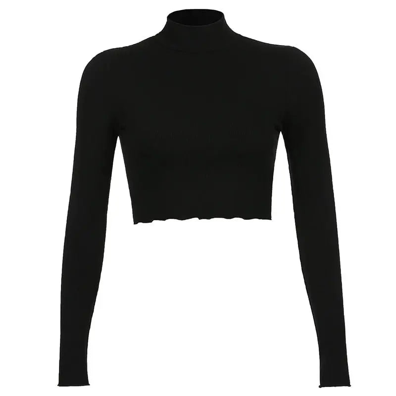 Solid Turtleneck Cropped T Shirt Women Autumn Casual Long Sleeve Ladies Skinny Basic - Blade & Thread