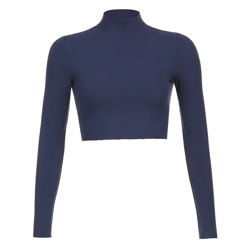 Solid Turtleneck Cropped T Shirt Women Autumn Casual Long Sleeve Ladies Skinny Basic - Blade & Thread