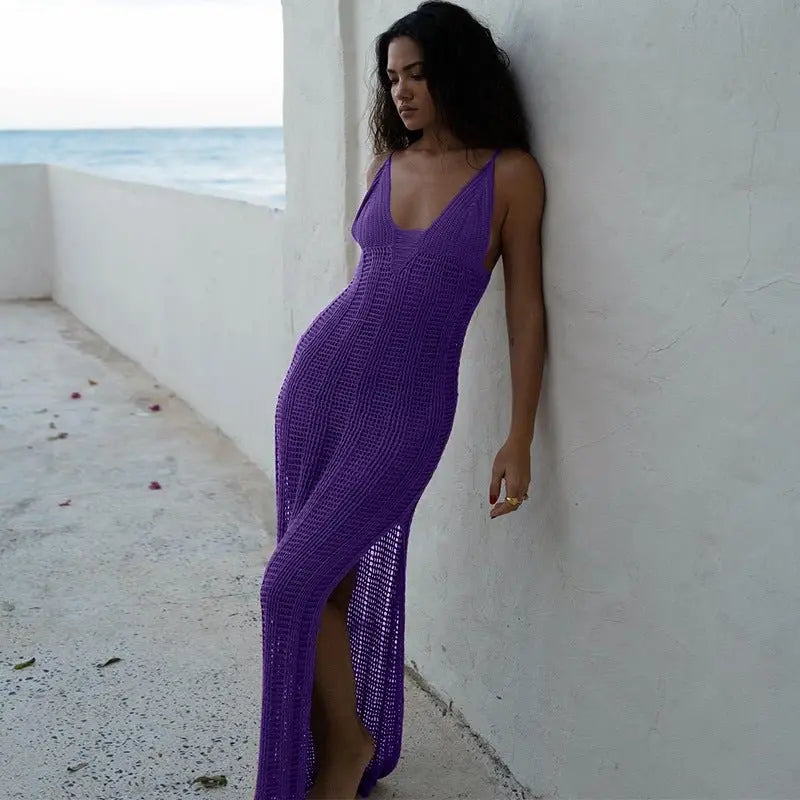 Spaghetti Strap Backless V-neck Loose Beach Dress Women's Casual Sleeveless Long Maxi Dresses - Blade & Thread