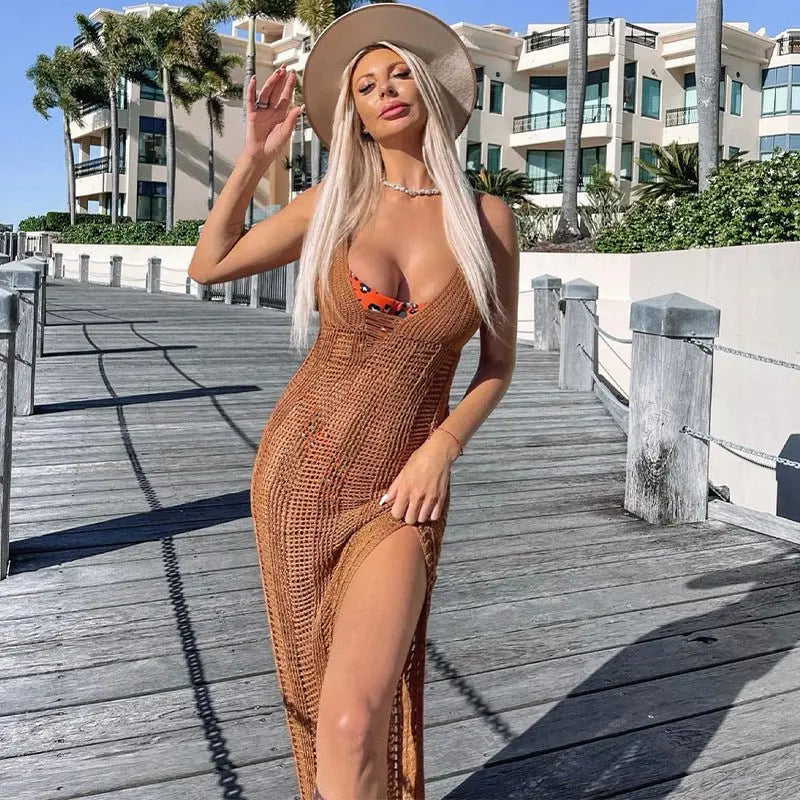 Spaghetti Strap Backless V-neck Loose Beach Dress Women's Casual Sleeveless Long Maxi Dresses - Blade & Thread