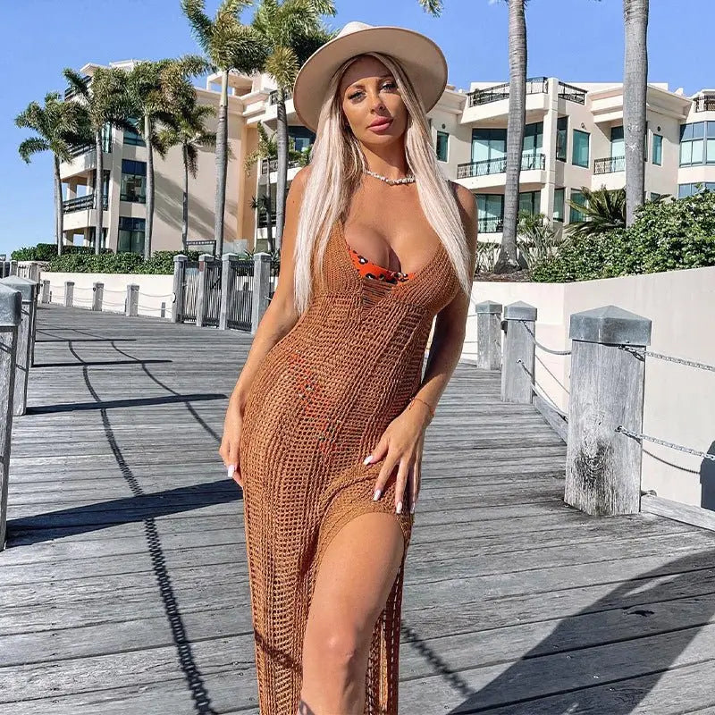 Spaghetti Strap Backless V-neck Loose Beach Dress Women's Casual Sleeveless Long Maxi Dresses - Blade & Thread