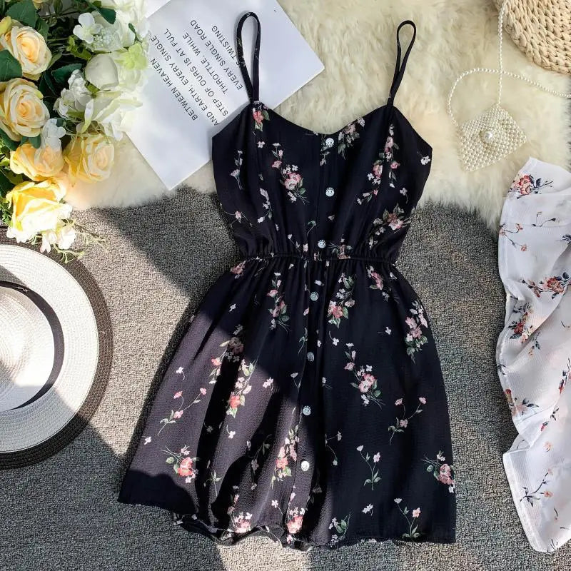 Spaghetti Strap Beach Playsuits Women Single Breasted V-neck Dress - Blade & Thread