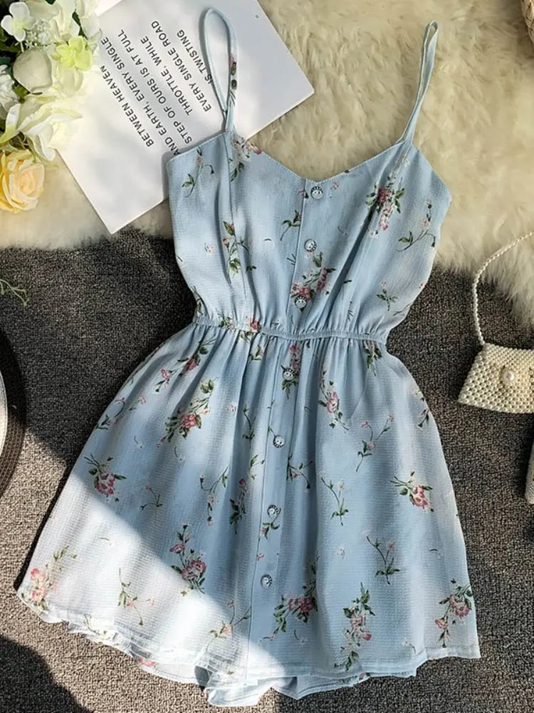 Spaghetti Strap Beach Playsuits Women Single Breasted V-neck Dress - Blade & Thread