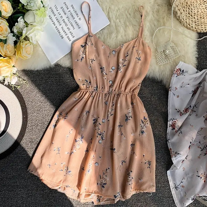 Spaghetti Strap Beach Playsuits Women Single Breasted V-neck Dress - Blade & Thread