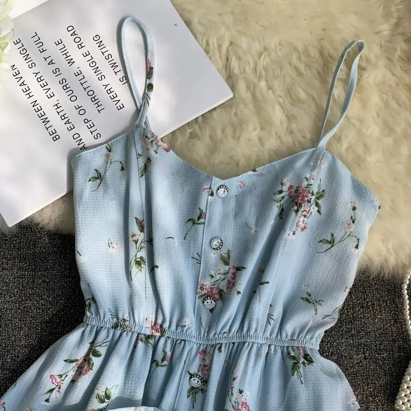 Spaghetti Strap Beach Playsuits Women Single Breasted V-neck Dress - Blade & Thread