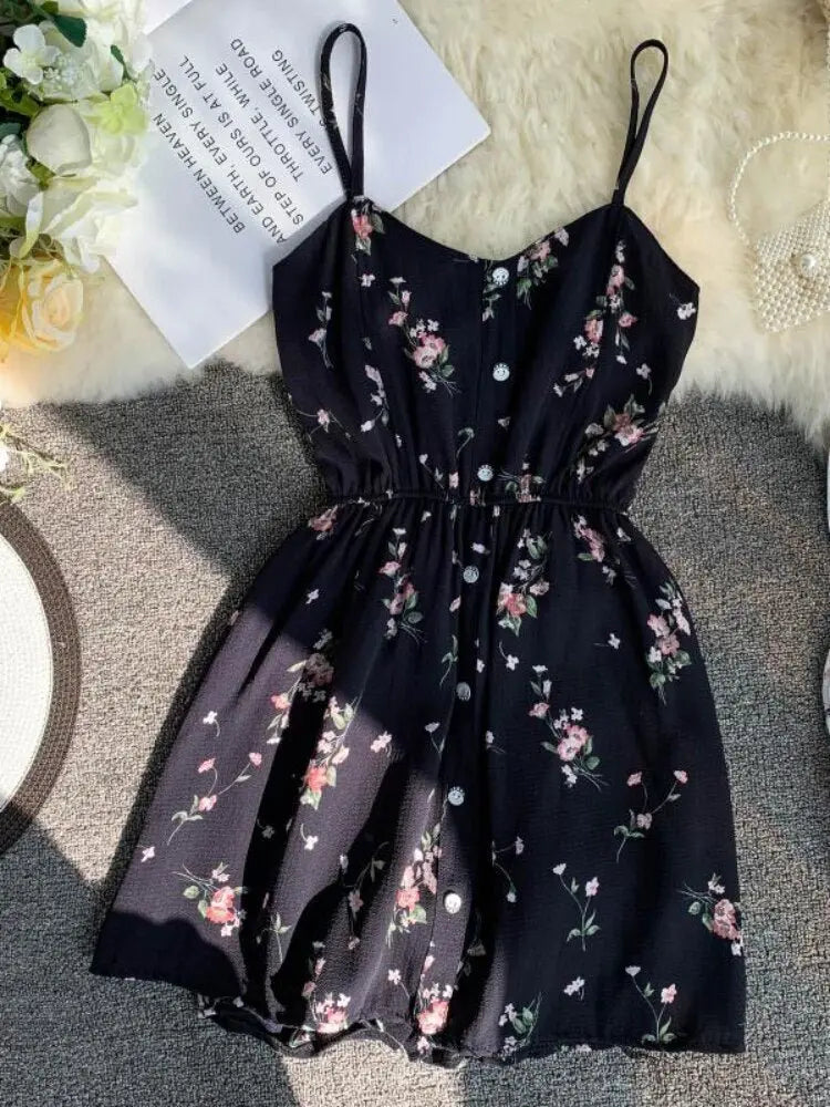Spaghetti Strap Beach Playsuits Women Single Breasted V-neck Dress - Blade & Thread