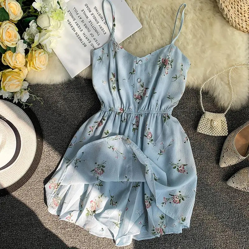 Spaghetti Strap Beach Playsuits Women Single Breasted V-neck Dress - Blade & Thread
