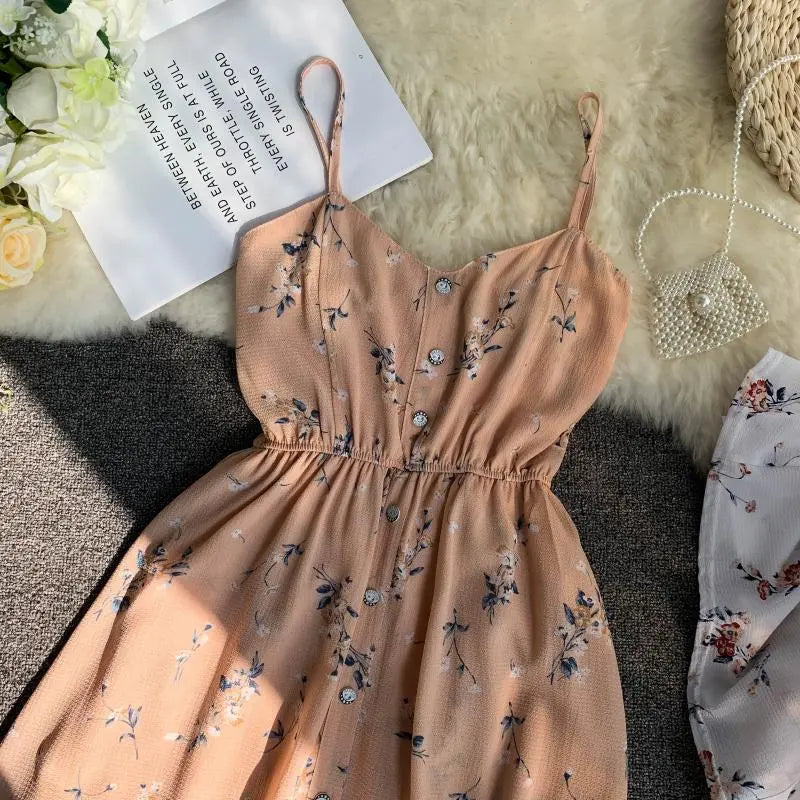 Spaghetti Strap Beach Playsuits Women Single Breasted V-neck Dress - Blade & Thread