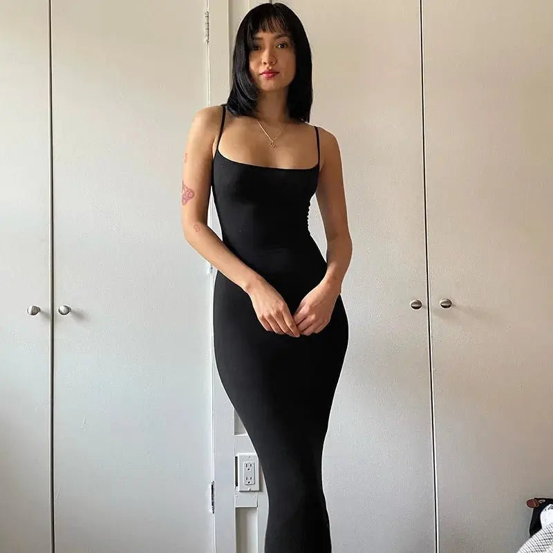 Spaghetti Strap Black Long Sleeveless Skinny Bodycon Dress Y2k - Blade & Thread