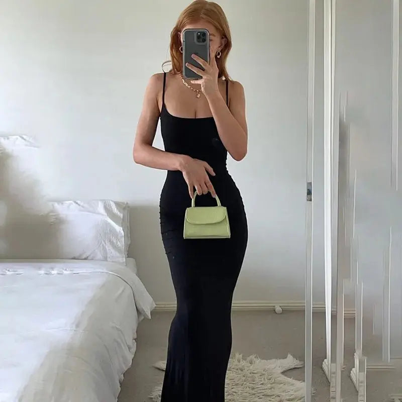 Spaghetti Strap Black Long Sleeveless Skinny Bodycon Dress Y2k - Blade & Thread