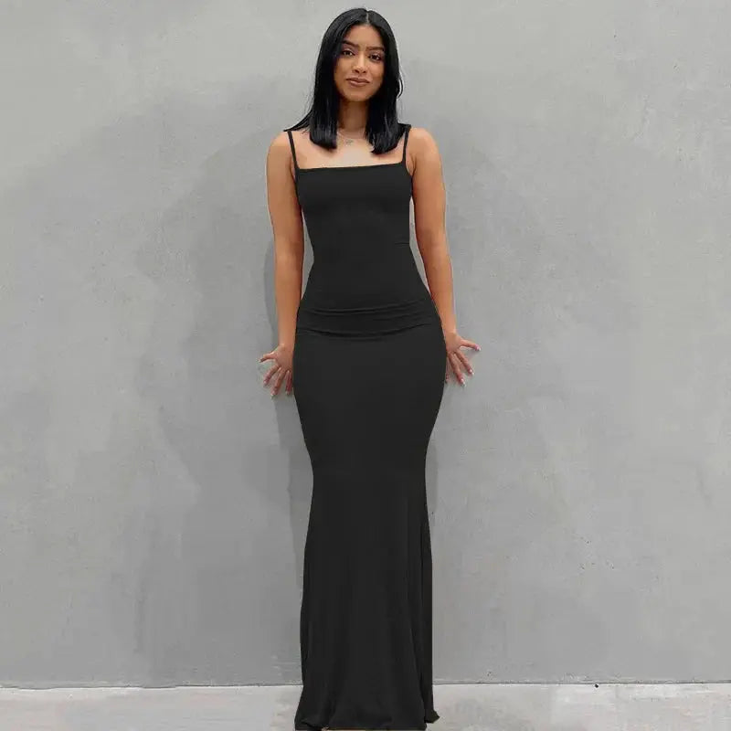 Spaghetti Strap Black Long Sleeveless Skinny Bodycon Dress Y2k - Blade & Thread