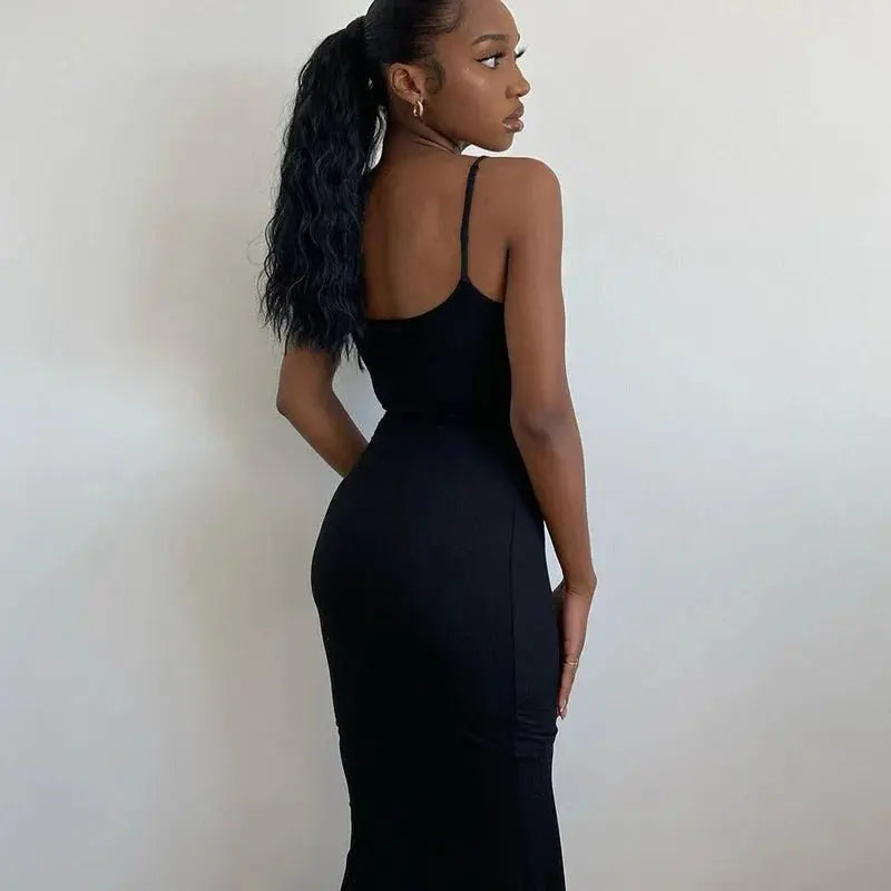 Spaghetti Strap Black Long Sleeveless Skinny Bodycon Dress Y2k - Blade & Thread