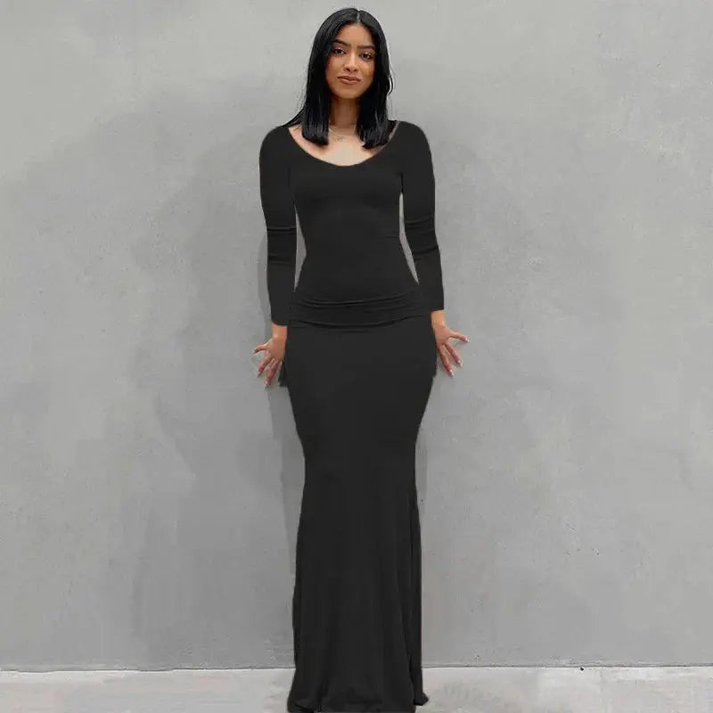 Spaghetti Strap Black Long Sleeveless Skinny Bodycon Dress Y2k - Blade & Thread