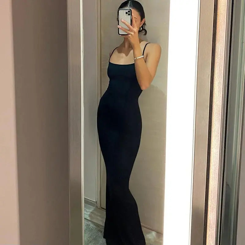Spaghetti Strap Black Long Sleeveless Skinny Bodycon Dress Y2k - Blade & Thread