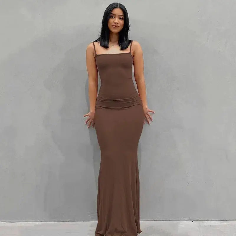 Spaghetti Strap Black Long Sleeveless Skinny Bodycon Dress Y2k - Blade & Thread