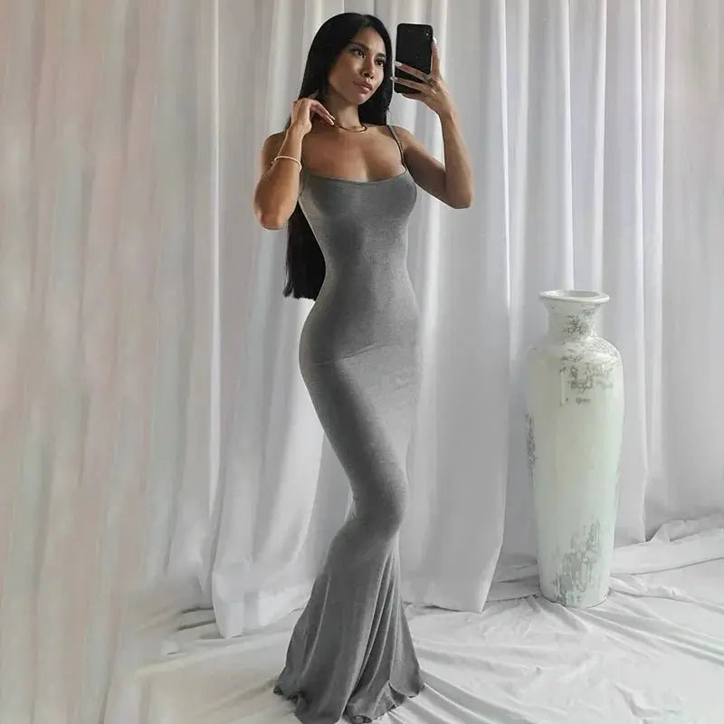 Spaghetti Strap Black Long Sleeveless Skinny Bodycon Dress Y2k - Blade & Thread