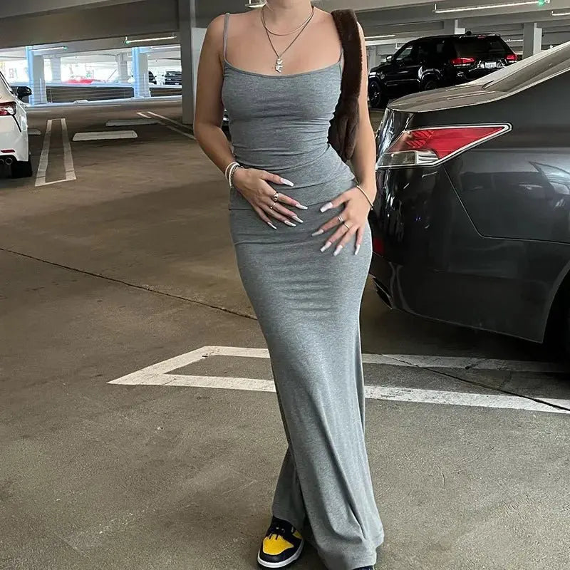 Spaghetti Strap Black Long Sleeveless Skinny Bodycon Dress Y2k - Blade & Thread