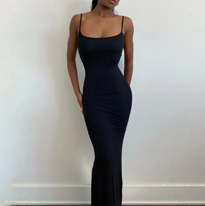 Spaghetti Strap Black Long Sleeveless Skinny Bodycon Dress Y2k - Blade & Thread