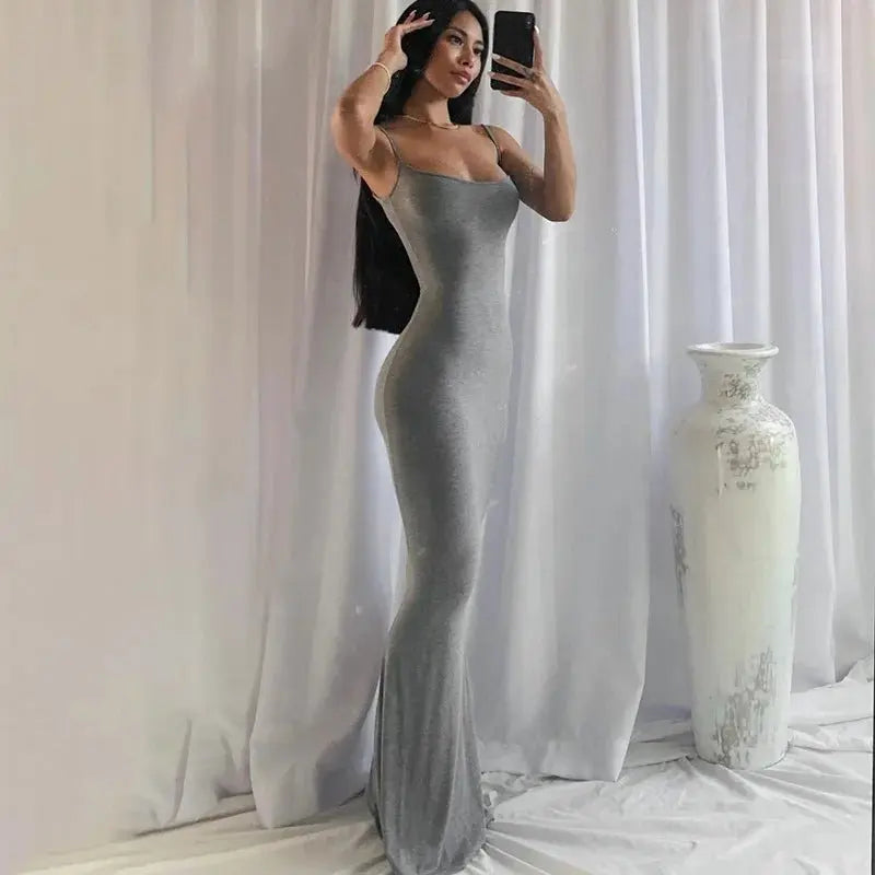 Spaghetti Strap Black Long Sleeveless Skinny Bodycon Dress Y2k - Blade & Thread