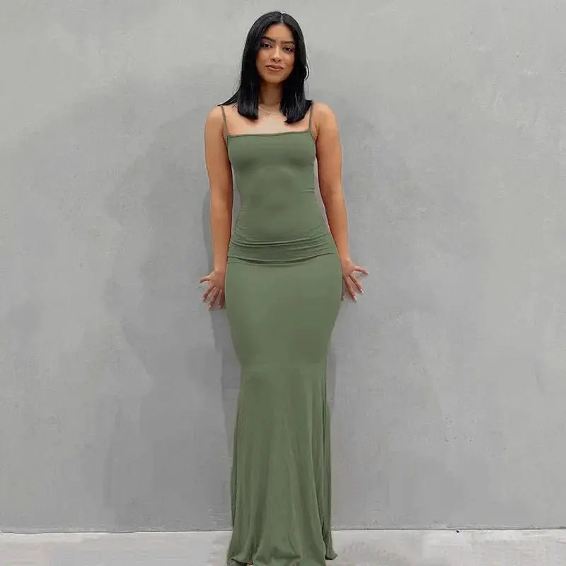Spaghetti Strap Black Long Sleeveless Skinny Bodycon Dress Y2k - Blade & Thread